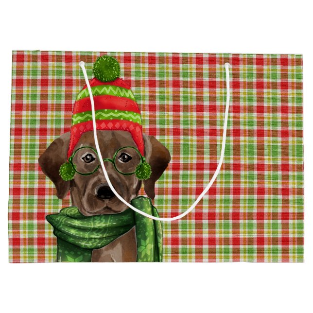 Grand Sac Cadeau Laboratoire de chocolat et rouge avec Green Plaid  (Dos)