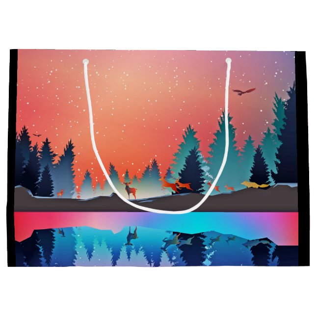 Grand Sac Cadeau Lac d'hiver pittoresque avec Cerf (Dos)