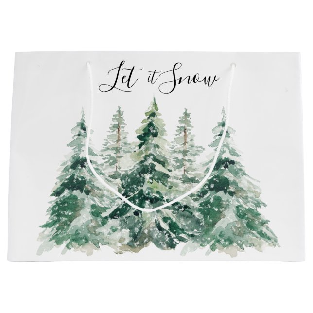 Grand Sac Cadeau Laisser Neige Aquarelle Pins de Noël Arbres (Devant)