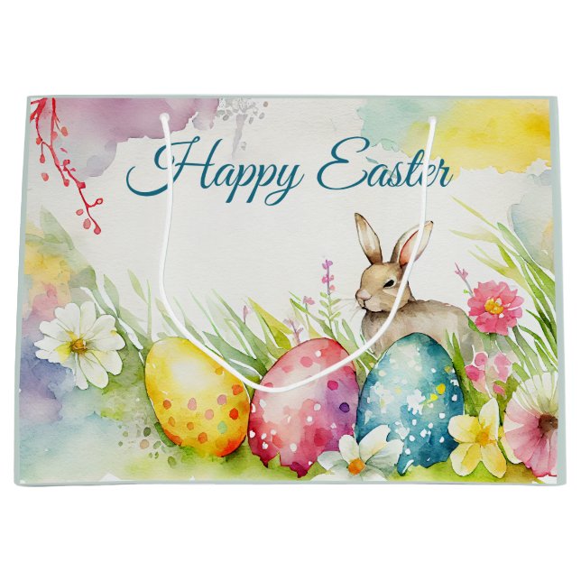 Grand Sac Cadeau Lapin de Pâques avec trois oeufs de Pâques (Devant)