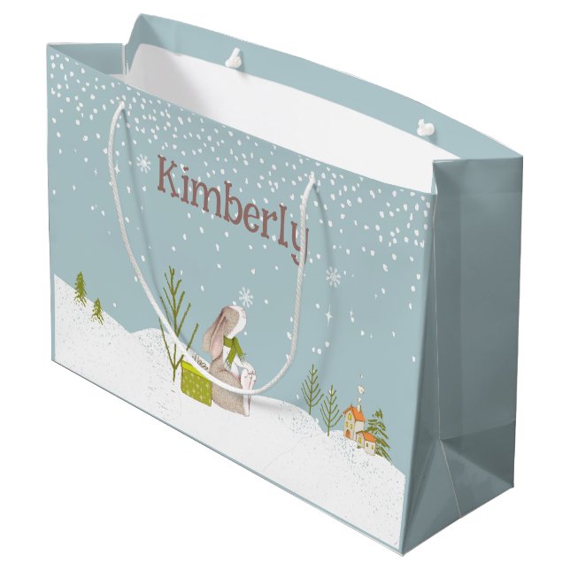 Grand Sac Cadeau Lapin personnalisé à Noël de neige (Dos Angle)