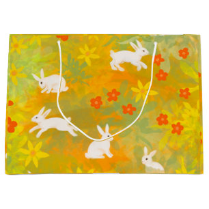 Grand Sac Cadeau lapins blancs sur une prairie