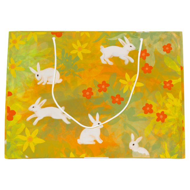 Grand Sac Cadeau lapins blancs sur une prairie (Devant)