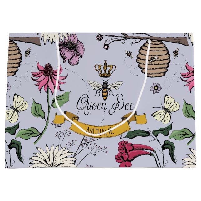 Grand Sac Cadeau Lavande, Abee noire et or, Couronne royale (Devant)