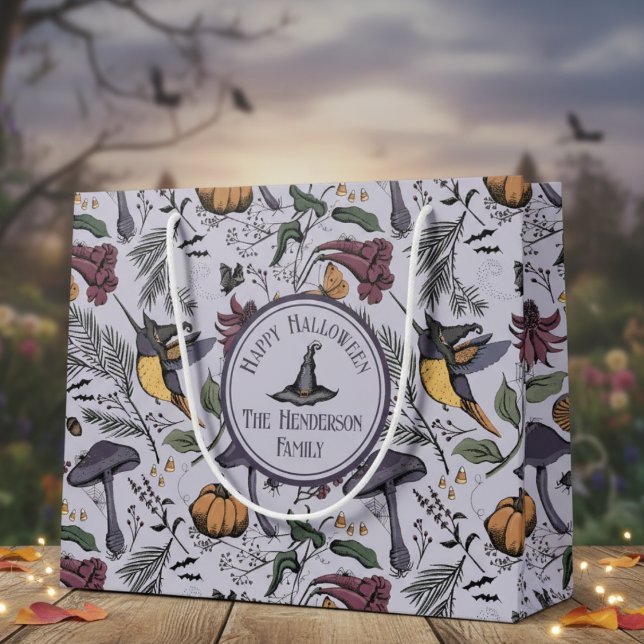Grand Sac Cadeau Lavande Éffrayante Halloween Jardin des colibris (Spooky Happy Halloween Hummingbird Witch Floral Pattern. Autumn Flowers and Fall Leaves for October)