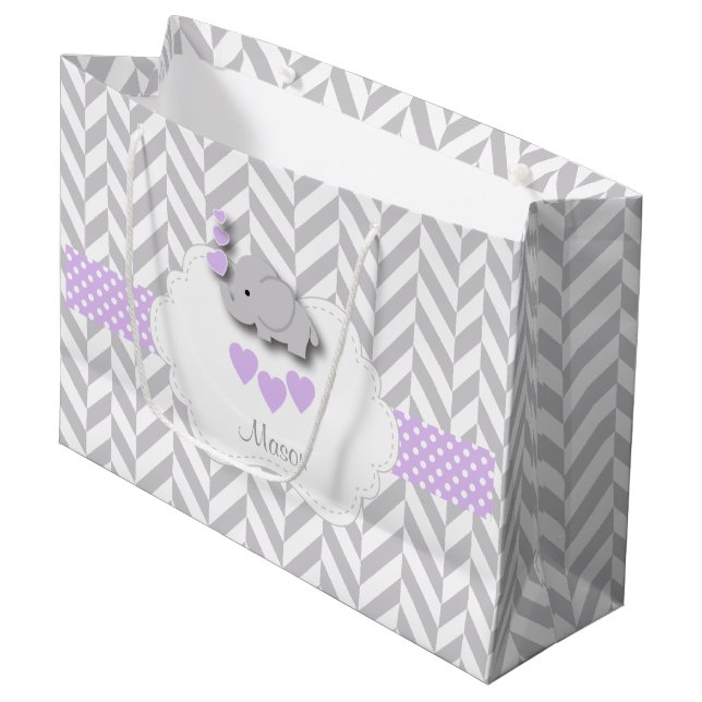 Grand Sac Cadeau Lavender Elephant Design - Baby Boy Douche (Devant Angle)