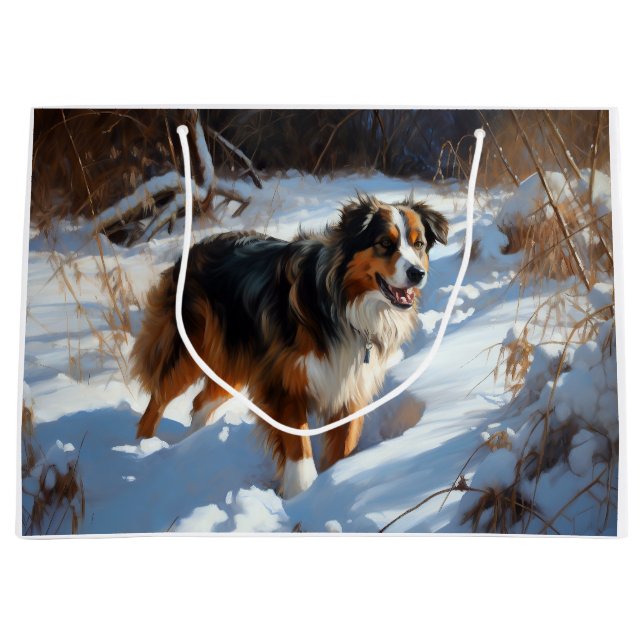 Grand Sac Cadeau Le Berger Australien Laisser Neige Noël (Devant)