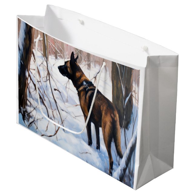 Grand Sac Cadeau Le Malinois Belge Laisser Neige Noël (Devant Angle)