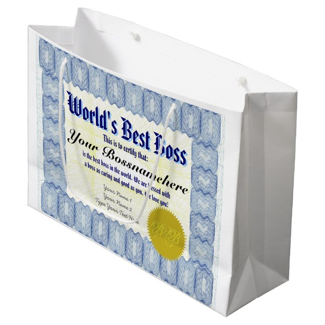 Grand Sac Cadeau Le meilleur certificat du patron du monde (Devant Angle)