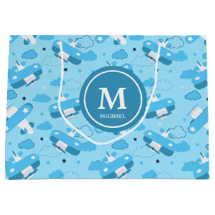 Grand Sac Cadeau Le monogramme de Cute White & Blue Planes et des e