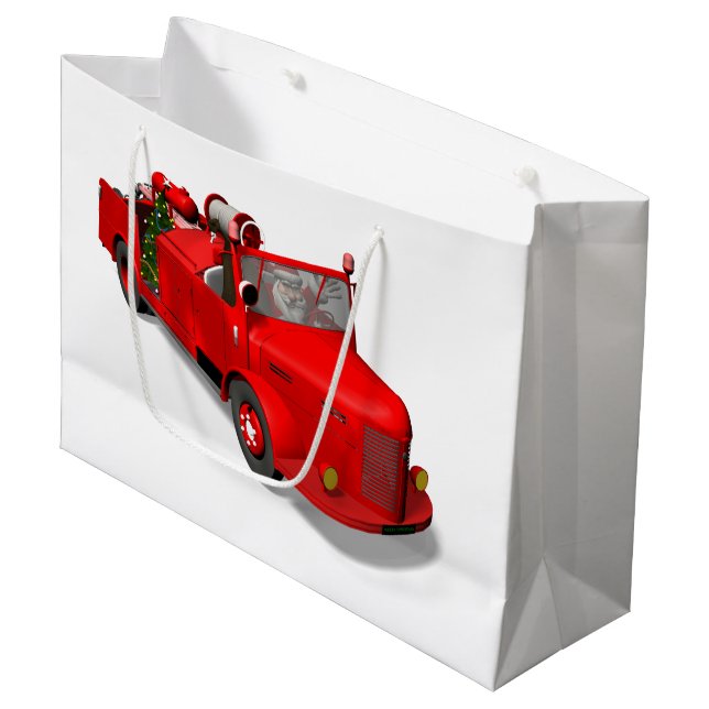 Grand Sac Cadeau Le père noël conduisant un camion de pompiers (Devant Angle)