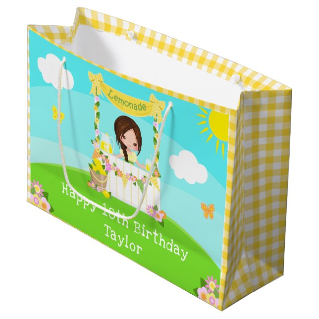 Grand Sac Cadeau Lemonade Brown Hair Girl Joyeux anniversaire (Devant Angle)