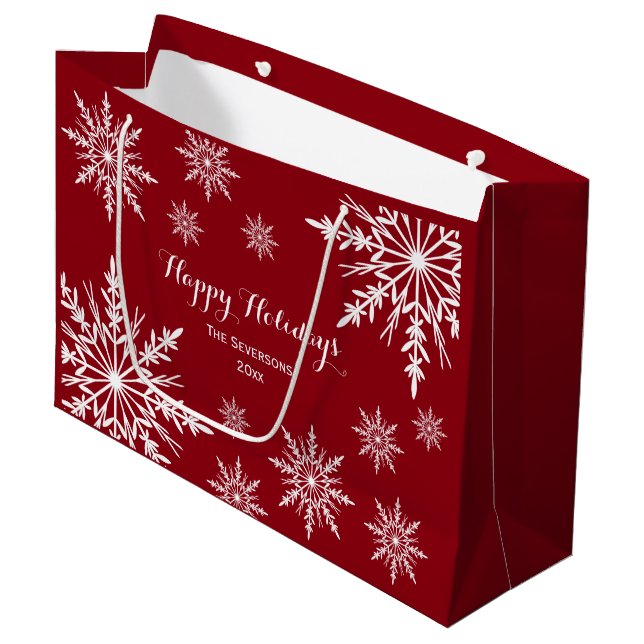 Grand Sac Cadeau Les flocons blancs d'hiver sur Red Happy Holidays (Devant Angle)