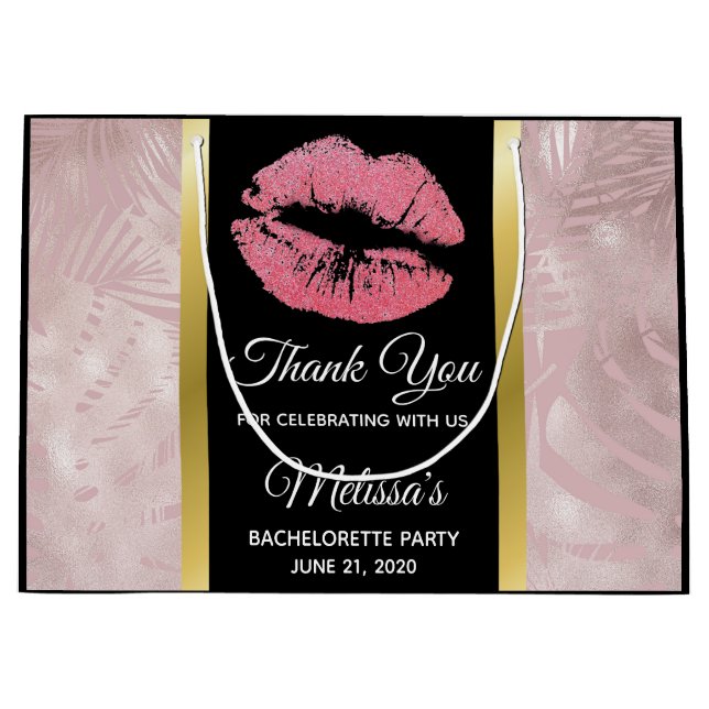 Grand Sac Cadeau Lèvres Pailletées Roses & Feuilles Tropicales Or R (Devant)