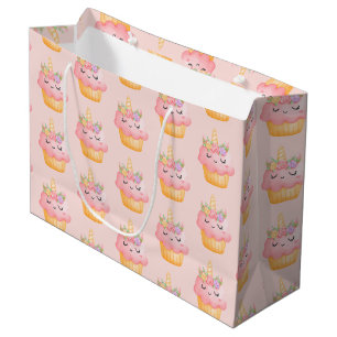 Grand Sac Cadeau Licorne à Cupcake Rose Mignon avec Motif de Roses