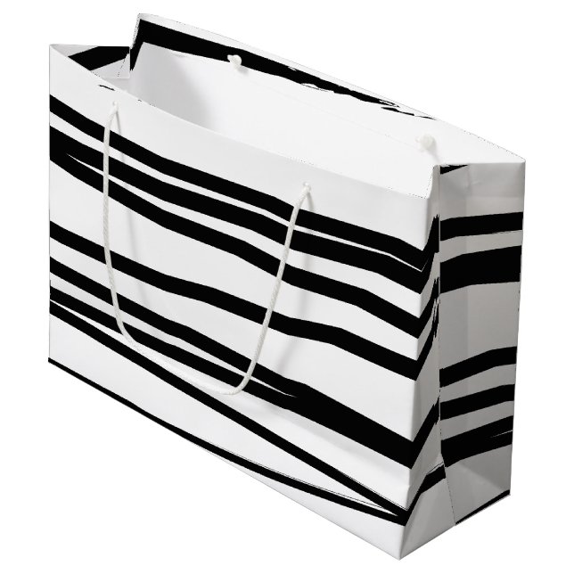 Grand Sac Cadeau Lignes noires et blanches modernes Art Abstrait (Devant Angle)