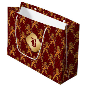 Grand Sac Cadeau Lion médiéval Red Fleur de Lis d'or