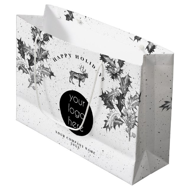 Grand Sac Cadeau Logo de vacances Rustique Noir Blanc Noël (Devant Angle)