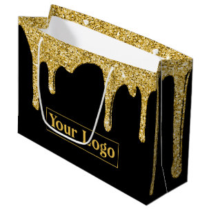 Grand Sac Cadeau Logo d'entreprise avec gouttes de paillettes dorée