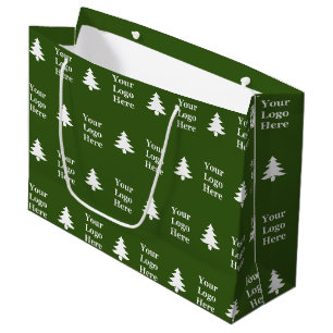 Grand Sac Cadeau Logo d'entreprise vert foncé et sapins de Noël bla