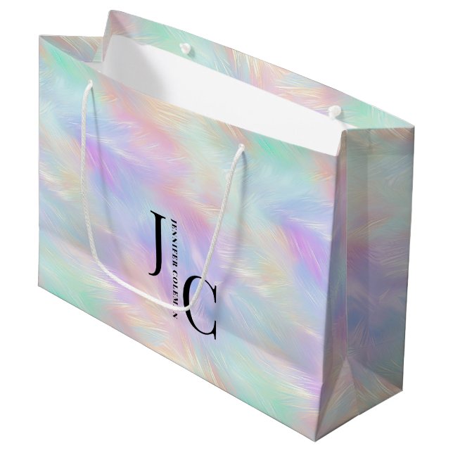Grand Sac Cadeau Logo Monogramme moderne Iridescente Opal élégant (Devant Angle)