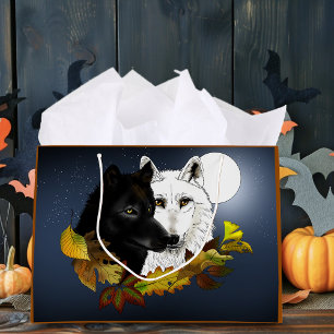 Grand Sac Cadeau Loups Blancs Noirs Clair de Lune Feuilles d'Automn