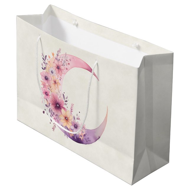 Grand Sac Cadeau Lune rose Croissant avec de jolies fleurs (Devant Angle)