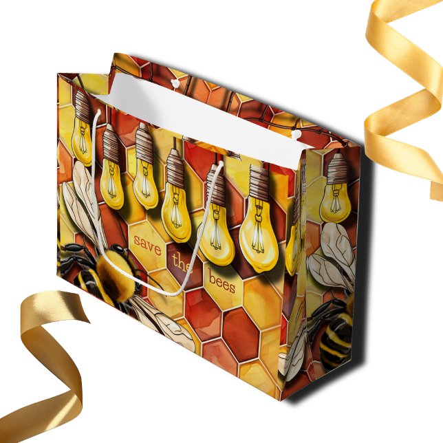 Grand Sac Cadeau Luneypeb Bee et Garden String Lights (Save the bees large customizable gift bag for birthdays, retirement parties )