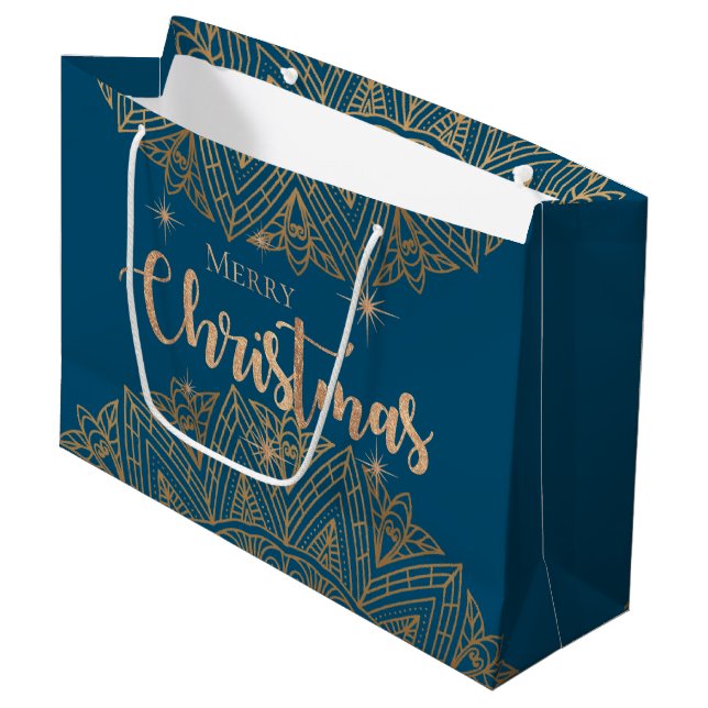 Grand Sac Cadeau Luxe Blue Gold Mandala Elégant Joyeux Noël (Devant Angle)