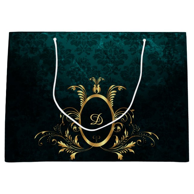 Grand Sac Cadeau Luxe Damask or Frame monogramme (Devant)
