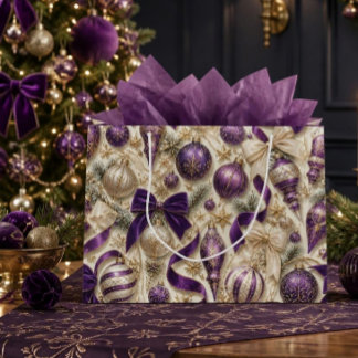 Grand Sac Cadeau Luxueux Violet Velours & Or Noël Vintage (a)
