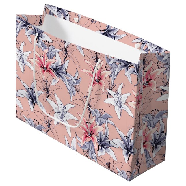 Grand Sac Cadeau Lys rose et bleu motif (Devant Angle)