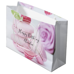 Grand Sac Cadeau Macarons framboise rose Pâtisserie française Anniv