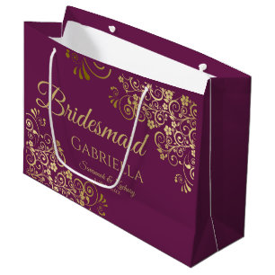 Grand Sac Cadeau Magenta Prune & Boucles Dorées Élégante Demoiselle