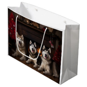 Grand Sac Cadeau Malamute en Alaska près de la cheminée Noël