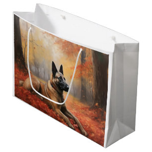 Grand Sac Cadeau Malinois belge dans les feuilles d'automne qui tom
