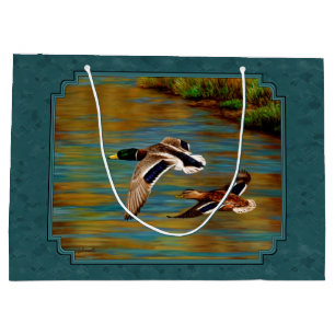 Grand Sac Cadeau Mallard Canards en vol Turquoise