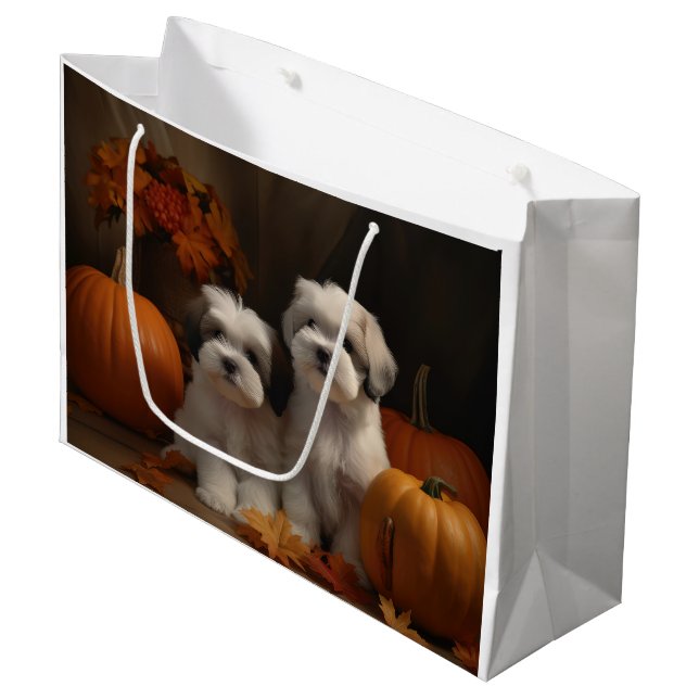 Grand Sac Cadeau Malti tzu Puppy Citrouille d'automne (Devant Angle)
