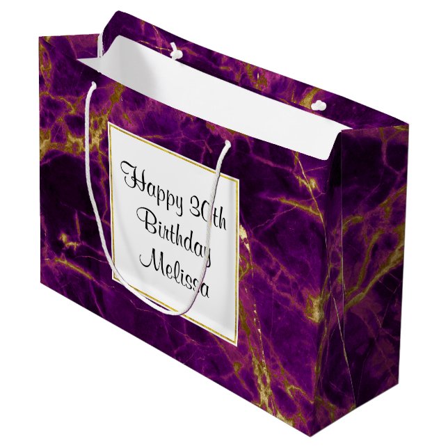 Grand Sac Cadeau Marbre Abstrait moderne violet et or Anniversaire (Devant Angle)