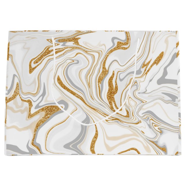 Grand Sac Cadeau Marbre blanc, or et argent Fluid Art (Devant)