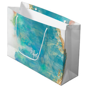 Grand Sac Cadeau Marbre d'Agate turquoise et blanc Nom Abstrait Mon