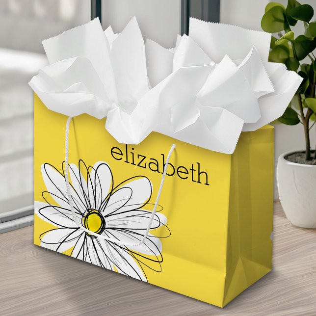 Grand Sac Cadeau Marguerite lunaire jaune et blanc avec texte perso (Custom Personalized Gift Bag)