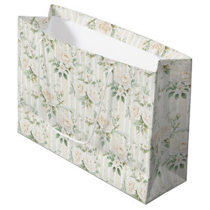 Grand Sac Cadeau Mariage à rayures florales de roses blanches aux t