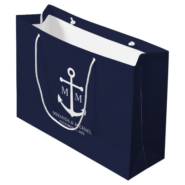 Grand Sac Cadeau Mariage Ancre bleu marine (Devant Angle)
