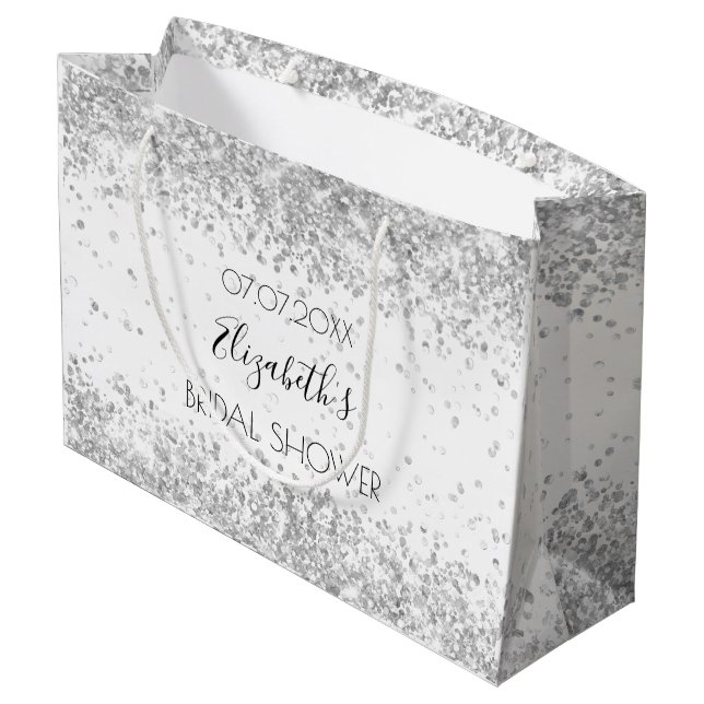 Grand Sac Cadeau Mariage blanc paillettes argent nom (Dos Angle)