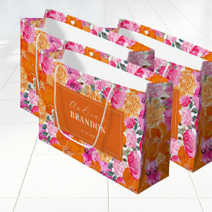 Grand Sac Cadeau Mariage des noms floraux du Jardin rose et orange