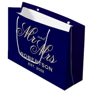 Grand Sac Cadeau Mariage élégant bleu marine et vanille pour M et M