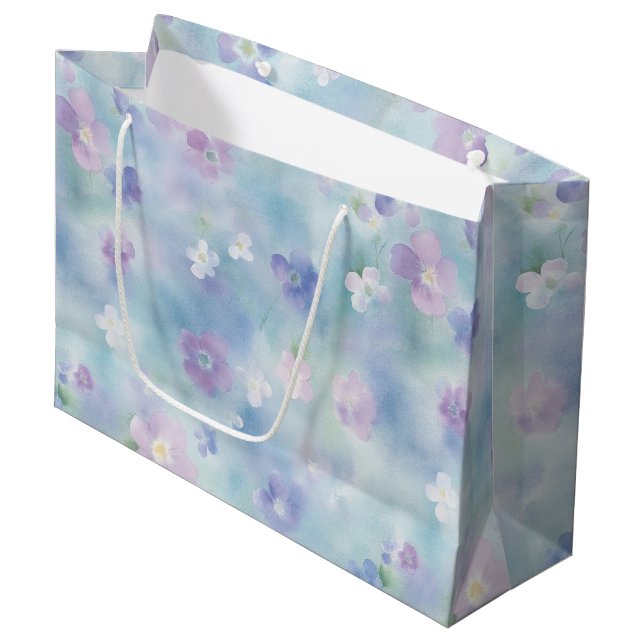 Grand Sac Cadeau Mariage Floral Blanc Lavande Violet Romantique (Devant Angle)