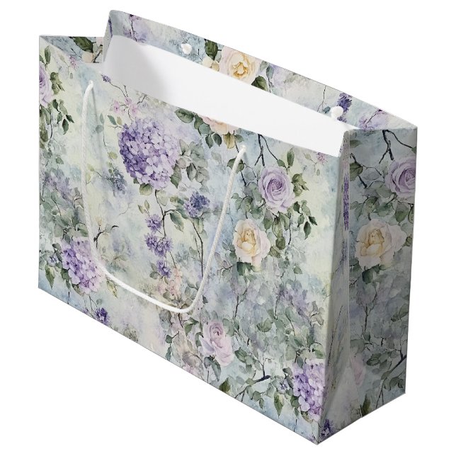 Grand Sac Cadeau Mariage Floral Crème Lavande Violette Romantique (Devant Angle)