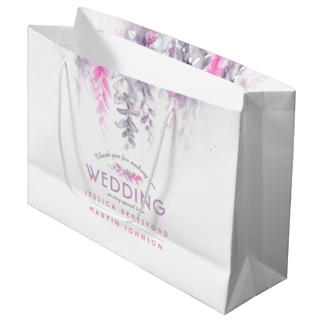 Grand Sac Cadeau Mariage indigo fleurs violettes roses merci (Devant Angle)